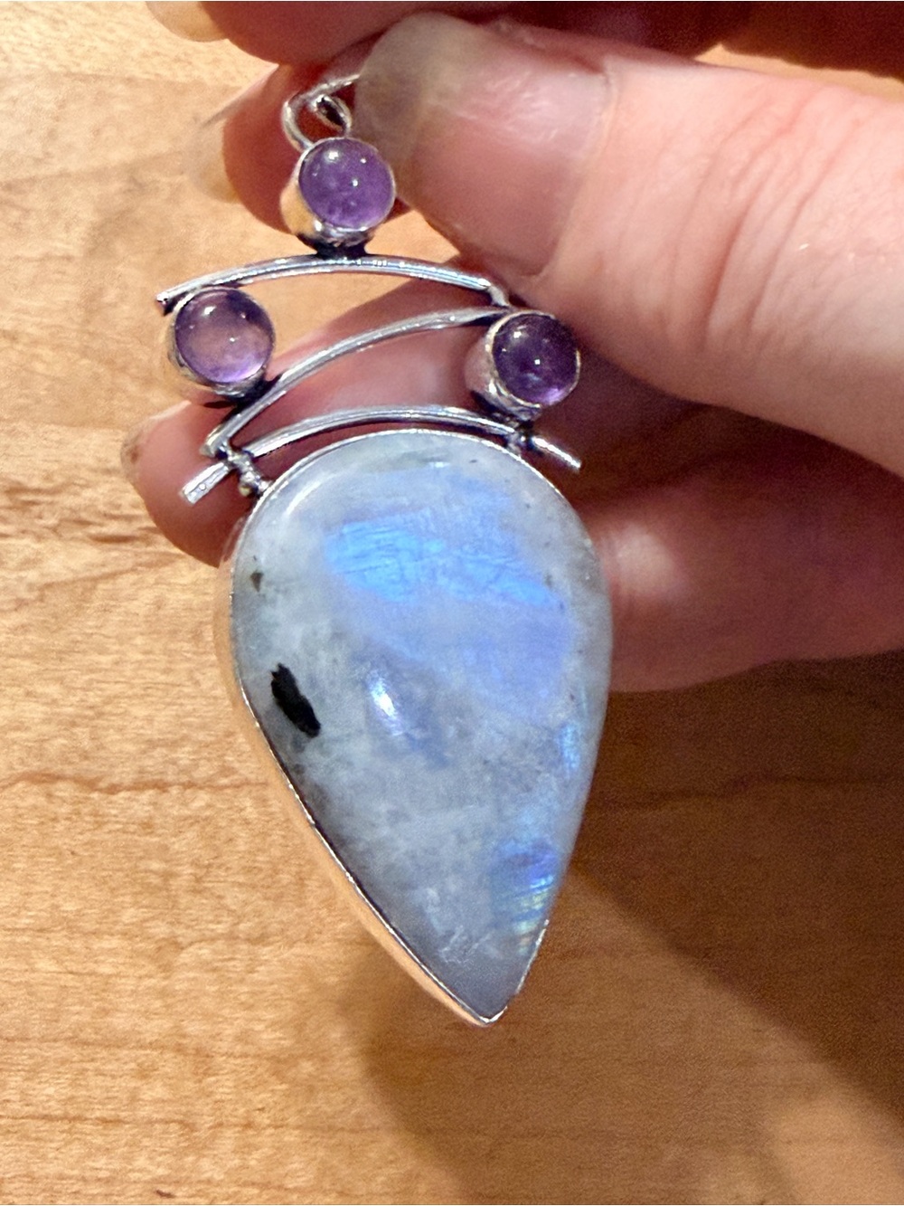 Lovely Moonstone & Amethyst Teardrop Pendant - 925 Plated/Stamped